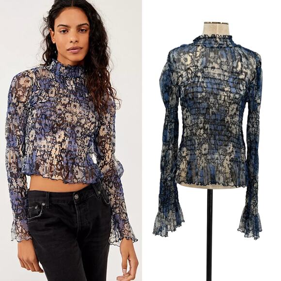Free People Hello There Top Blouse Smocked Flare Sleeve Mesh Floral Blue Large - Picture 1 of 11